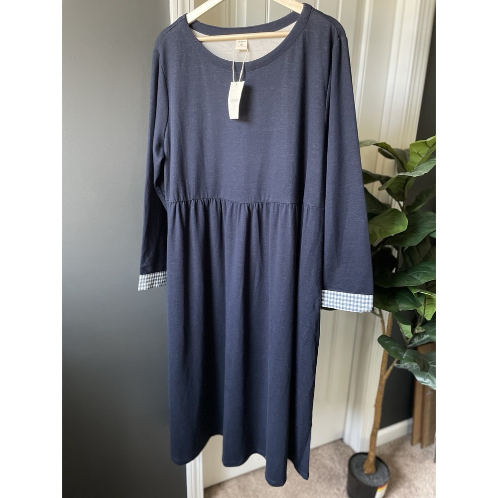 Lintico NWT Midi Dress Navy Blue L/S Round Neck Gingham Cuffs XL *tiny flaw